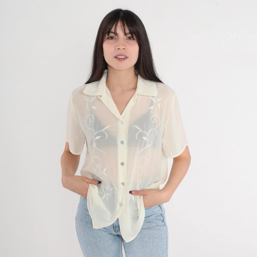 Vintage Sheer Cream Blouse 90s Floral Embroidered Top Button up